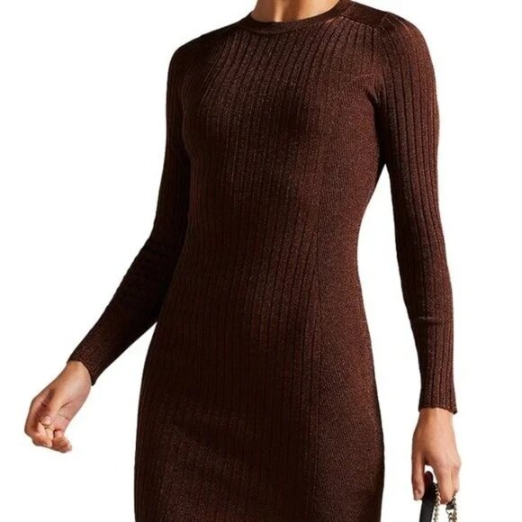 Ted Baker London Nichola Metallic Brown Ribbed Knit Bodycon Mini Dress Size 2 - Picture 2 of 13